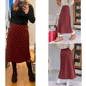 SHEIN DAZY 100% Cotton S Red Plaid High Waist A-Line Midi Skirt Lined Long Wine